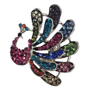 Silver Tone Multicolored Bejeweled Peacock Stretch Cocktail Ring